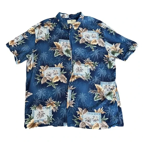 Island Shores Mens XL Blue Tropical Palm Tree Rayon Hawaiian Button Down Shirt - Picture 1 of 7